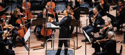 Een dirigent in een zwart pak staat op een verhoging en leidt een orkest tijdens een concert. Rondom hem zitten musici met violen en cello’s, geconcentreerd spelend vanaf hun bladmuziekstandaards op een houten podium.