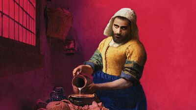 Saman Amini afgebeeld als het Melkmeisje van Johannes Vermeer