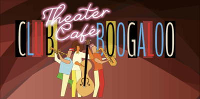 Illustratie van een muzikaal trio dat speelt voor de naam "Theater Café Boogaloo" in een kleurrijke setting.