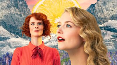 Yentl & en de Boer afgebeeld op een grafisch vormgegeven berglandschap