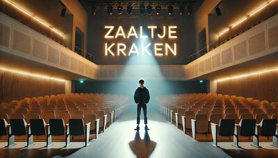 Een silhouet van een persoon op het podium in een lege theaterzaal met de tekst "ZAALTJE KRAKEN" op de achtergrond.